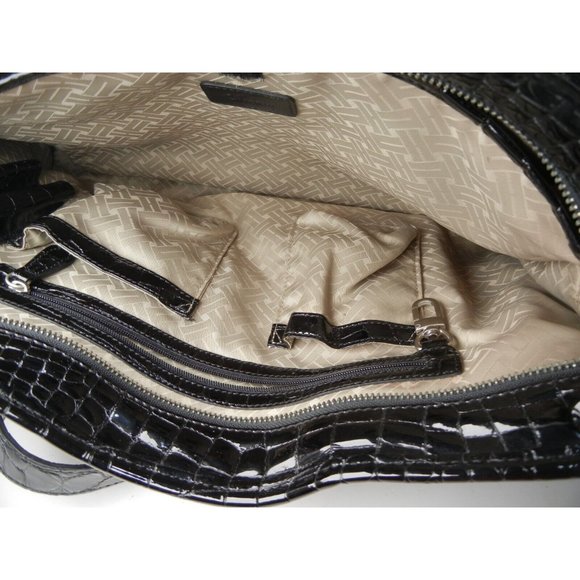 COLE HAAN BLACK Faux CROC PATENT LEATHER LAPTOP SHOULDER TOTE BAG 16"X11"X2.5" - Picture 9 of 13